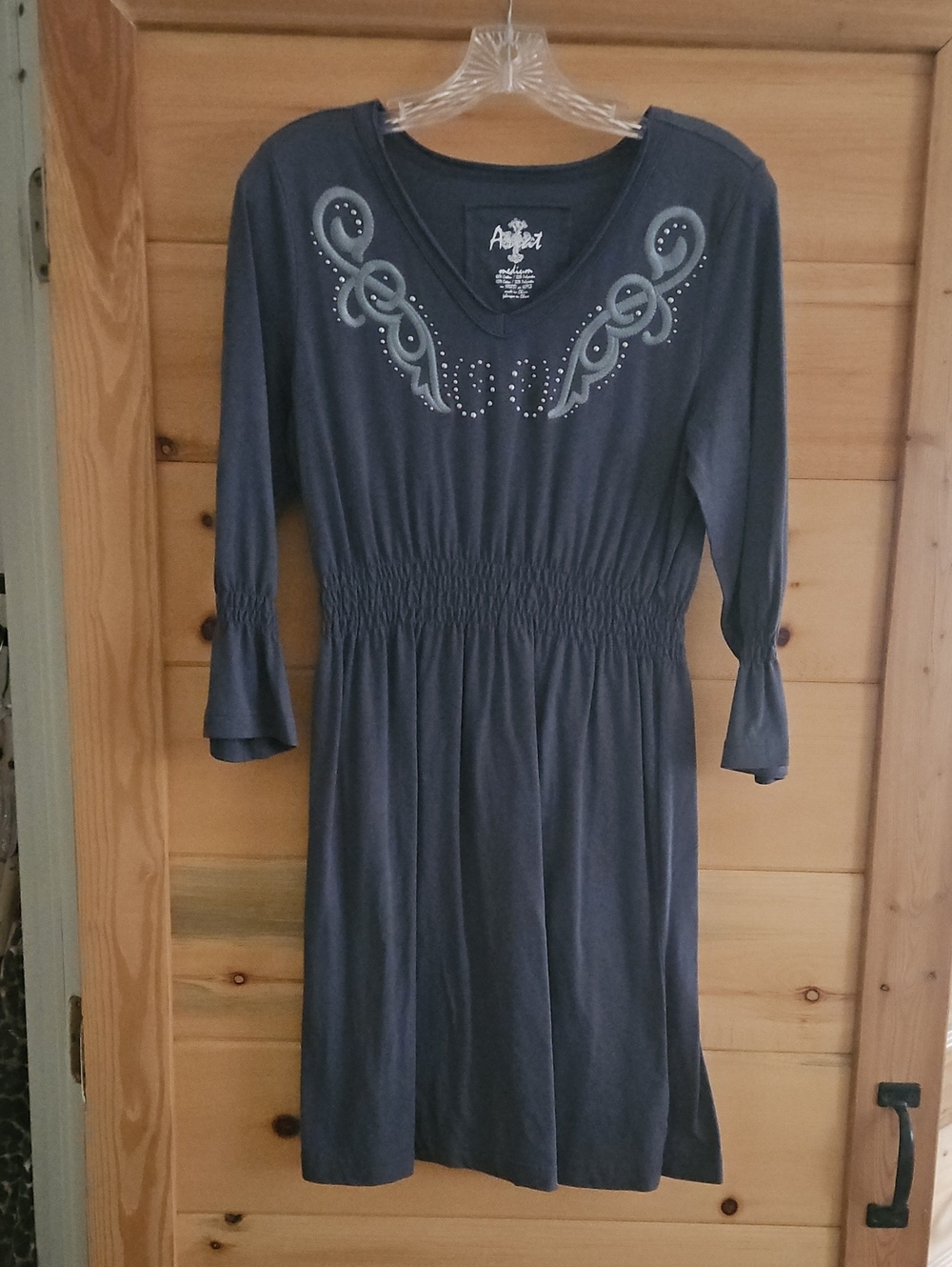 Ariat Charcoal Embellished V-Neck Shirred-Waist Long Sleeve Dress